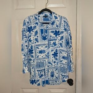 Club Z Collection White/Blue Women's Button Down Long Sleeve Hawaiian Shirt
